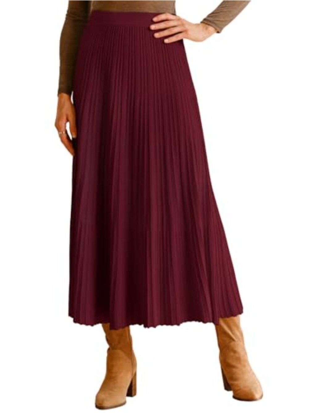 Wool Blend A-Line Pleated Calf Length High Rise Knit Skirt